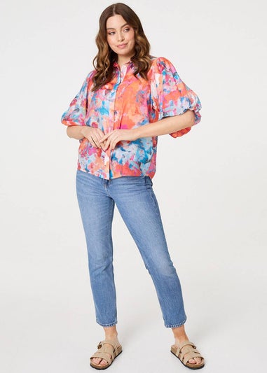 Izabel London Orange Abstract Print 1/2 Sleeve Shirt