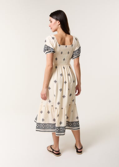 Blue Vanilla Cream Shirred Square Neck Border Print Puff Sleeve Midi Dress