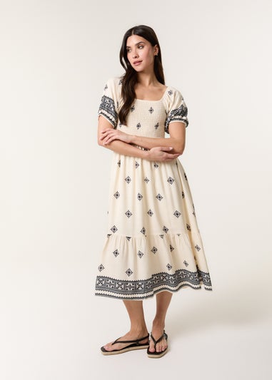 Blue Vanilla Cream Shirred Square Neck Border Print Puff Sleeve Midi Dress