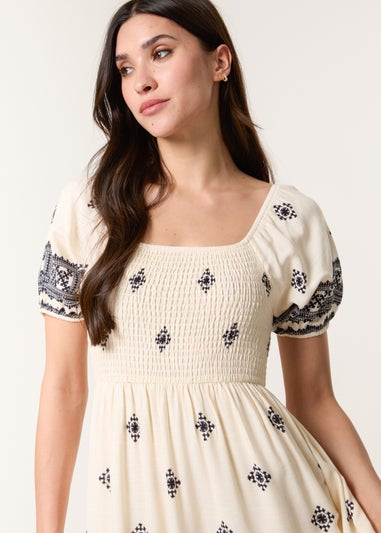 Blue Vanilla Cream Shirred Square Neck Border Print Puff Sleeve Midi Dress