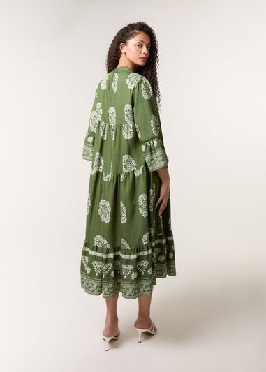 Blue Vanilla Khaki Intricate Print Dress