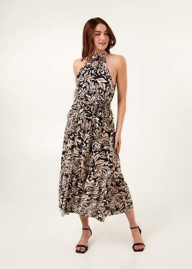 Blue Vanilla Navy Tropical Print Halter Neck Belted Waist Midi Dress