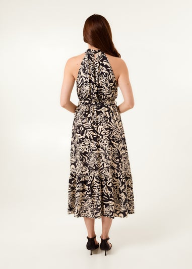 Blue Vanilla Navy Tropical Print Halter Neck Belted Waist Midi Dress