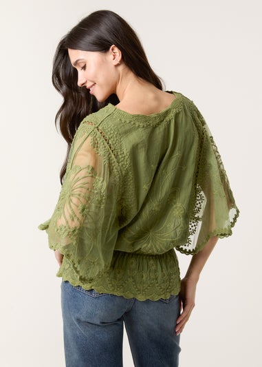 Blue Vanilla Khaki Floral Lace Butterfly Sleeve Blouse