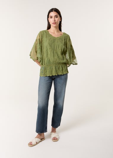 Blue Vanilla Khaki Floral Lace Butterfly Sleeve Blouse