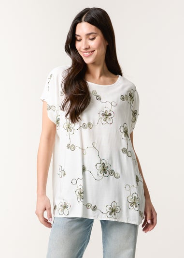 Blue Vanilla Khaki Embroidered Flower Top