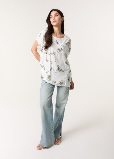 Blue Vanilla Khaki Embroidered Flower Top