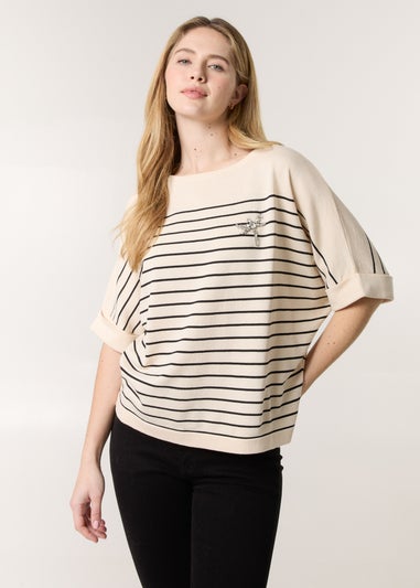 Blue Vanilla Stone Horizontal Striped Top With Brooch