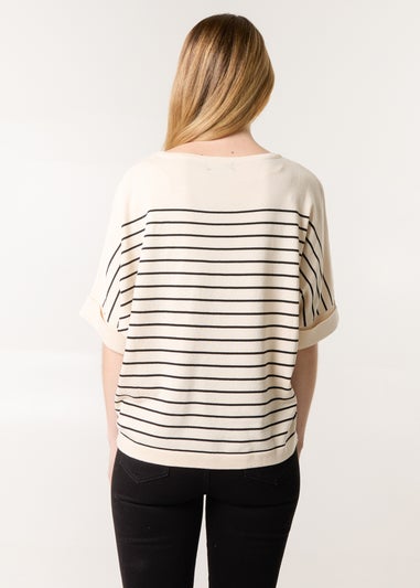 Blue Vanilla Stone Horizontal Striped Top With Brooch
