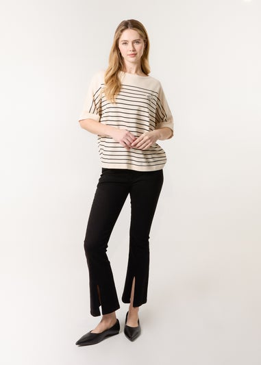 Blue Vanilla Stone Horizontal Striped Top With Brooch