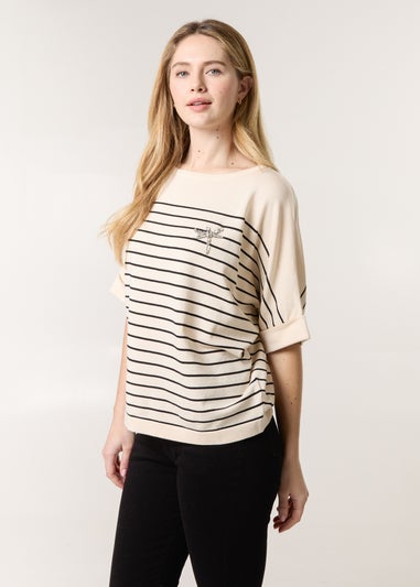 Blue Vanilla Stone Horizontal Striped Top With Brooch