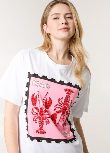 Blue Vanilla White Lobster Print T-Shirt