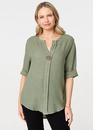 Izabel London Khaki Button Detail V-Neck Blouse