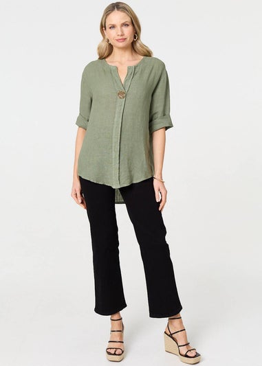 Izabel London Khaki Button Detail V-Neck Blouse
