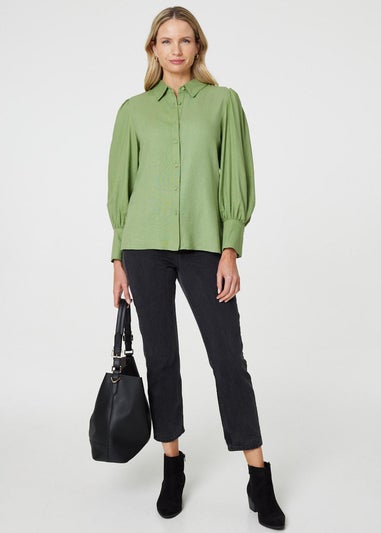 Izabel London Sage Plain Puff Sleeve Button-Up Shirt