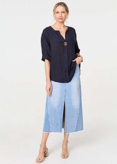 Izabel London Navy Button Detail V-Neck Blouse