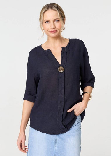 Izabel London Navy Button Detail V-Neck Blouse