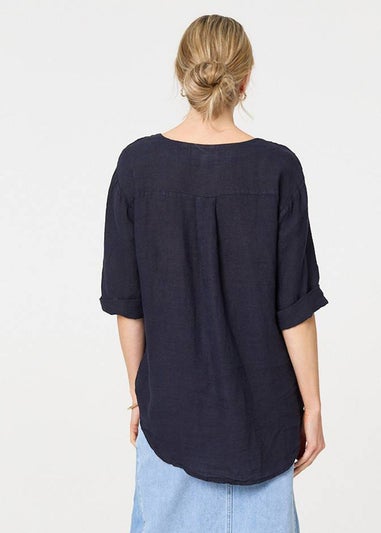 Izabel London Navy Button Detail V-Neck Blouse