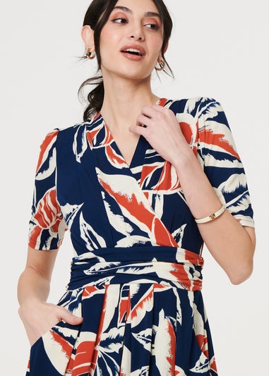 Izabel London Navy Floral V-Neck Pleated Midi Wrap Dress