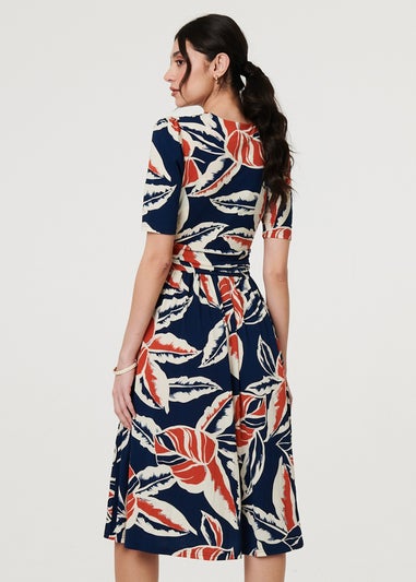 Izabel London Navy Floral V-Neck Pleated Midi Wrap Dress