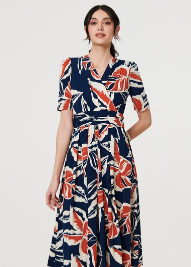 Izabel London Navy Floral V-Neck Pleated Midi Wrap Dress