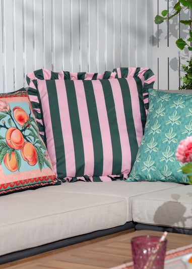 furn. Pink Palm Royale Stripe Ruffle Printed Outdoor Outdoor Cushion