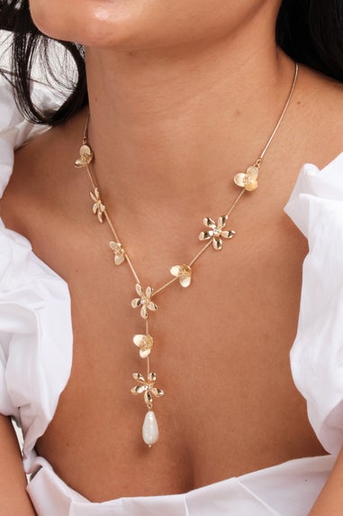 Mood Gold Mixed Flower Linear Y Drop Necklace