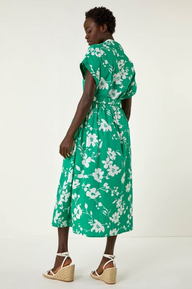 Roman Green Floral Cotton Poplin Shirt Dress