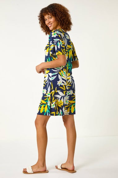 Roman Yellow Leaf Button Detail Tea Dress