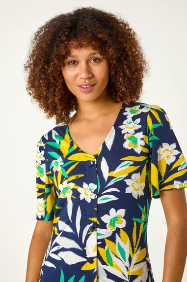 Roman Yellow Leaf Button Detail Tea Dress