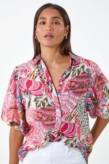 Roman Pink Floral Leaf Print Puff Sleeve Shirt