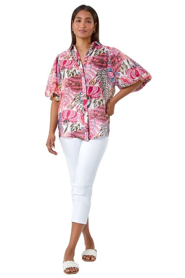 Roman Pink Floral Leaf Print Puff Sleeve Shirt