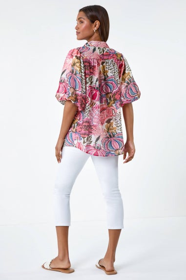 Roman Pink Floral Leaf Print Puff Sleeve Shirt