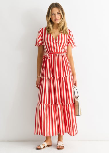 Gini London Red Stripe Wrap Belted Midi Dress