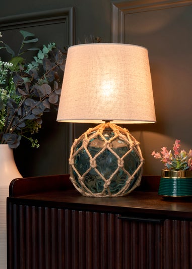BHS Lighting Seaqua Blue Clear Dimpled Glass Rope Table Lamp (41cm x 28cm)