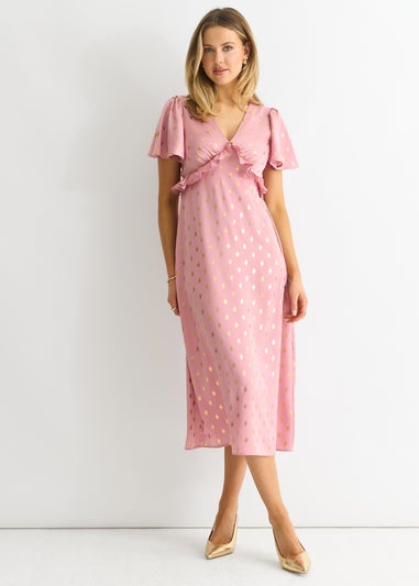 Gini London Blush Metallic Foil V Neck Midi Dress