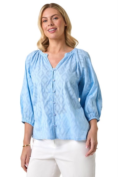 Roman Blue Petite Textured V-Neck Cotton Blouse