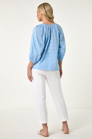 Roman Blue Petite Textured V-Neck Cotton Blouse