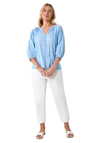 Roman Blue Petite Textured V-Neck Cotton Blouse