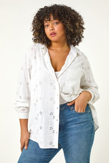 Roman White Curve Broderie Collared Shirt