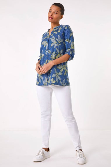 Roman Denim Leaf Print Cotton Blouse
