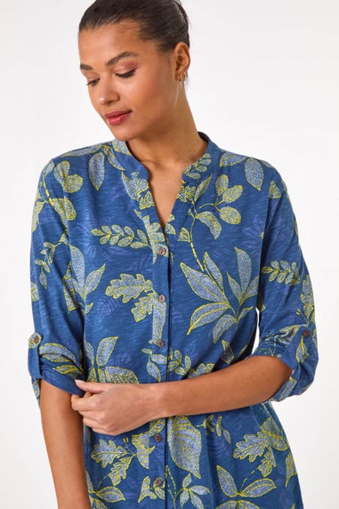 Roman Denim Leaf Print Cotton Blouse