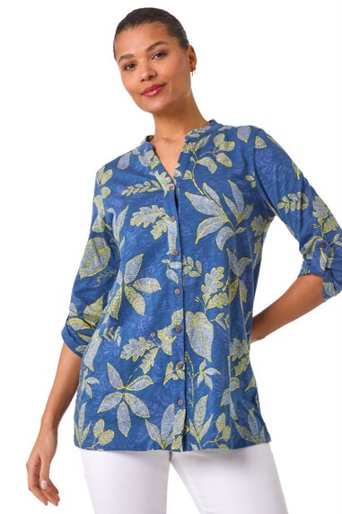 Roman Denim Leaf Print Cotton Blouse