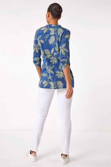 Roman Denim Leaf Print Cotton Blouse