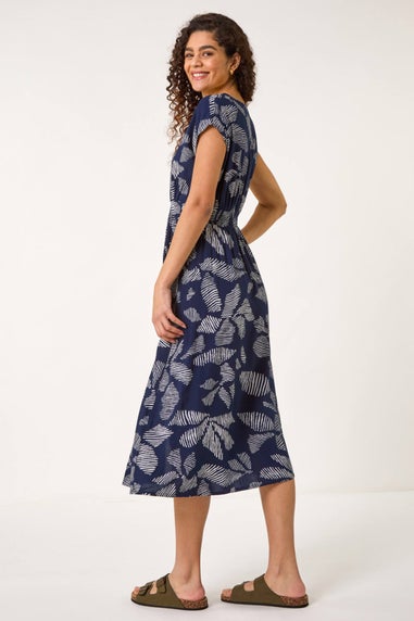 Roman Navy Leaf Print Buttoned Midi Dress