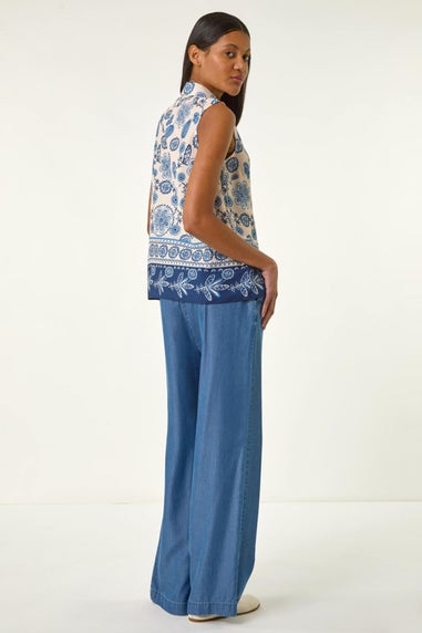 Roman Blue Border Print Collared Blouse