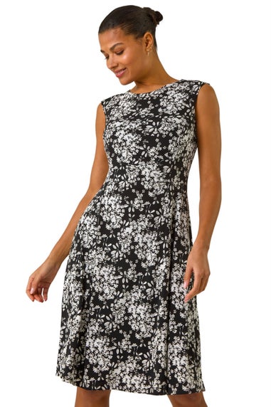 Roman Black Floral Puff Print Gathered Stretch Midi Dress