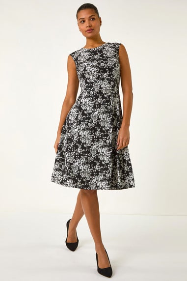 Roman Black Floral Puff Print Gathered Stretch Midi Dress