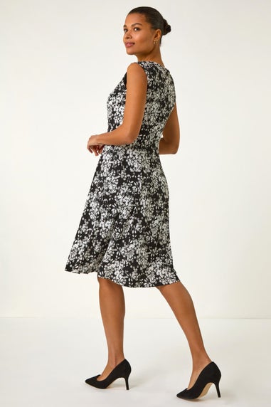 Roman Black Floral Puff Print Gathered Stretch Midi Dress