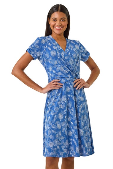 Roman Blue Floral Print Ring Detail Midi Dress